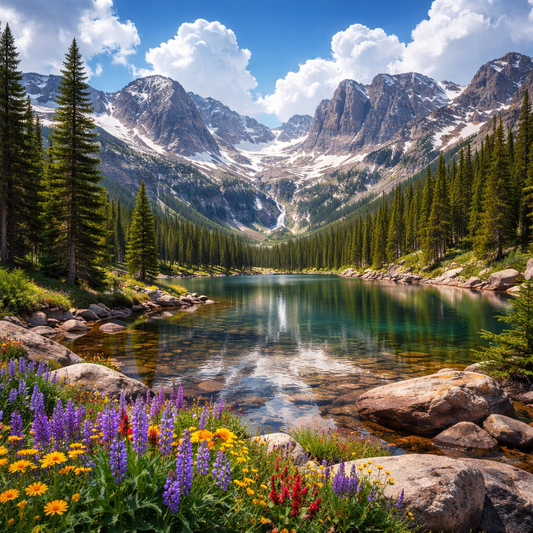 Mountain landscape with a lake, trees, and colorful flowers under a blue sky.