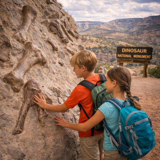 Two children with backpacks examining dinosaur bones at Dinosaur National Monument.