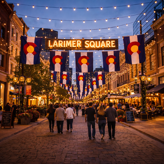 Larimer Square at night with people walking, lights, and Colorado flags.