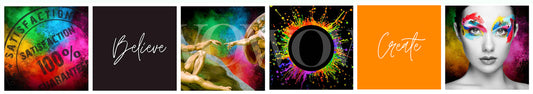 Five colorful and abstract images with text and artistic elements.