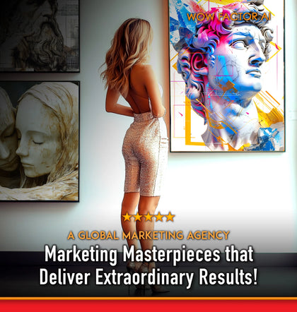 Woman looking at a colorful art piece on a wall with text about a global marketing agency.