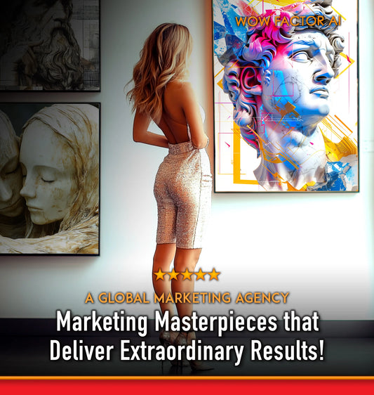 Woman looking at a colorful art piece on a wall with text about a global marketing agency.