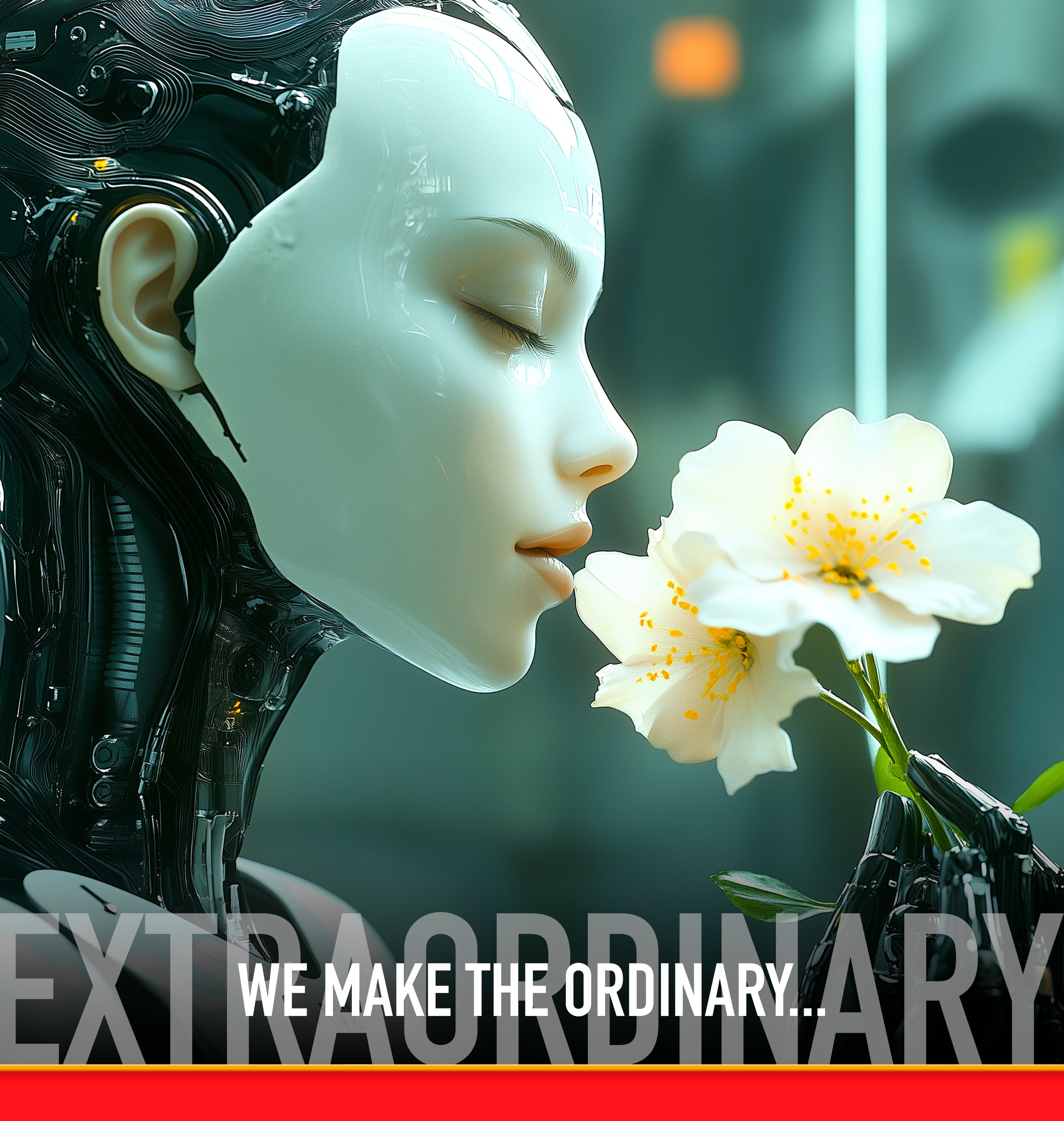 Robot hand holding a flower with text 'WE MAKE THE ORDINARY' and 'EXTRAORDINARY' on a blurred background.