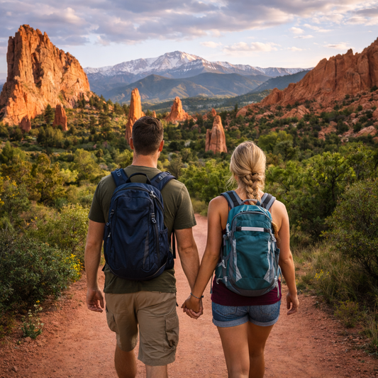 Two people with backpacks walking on a trail with scenic mountains in the background