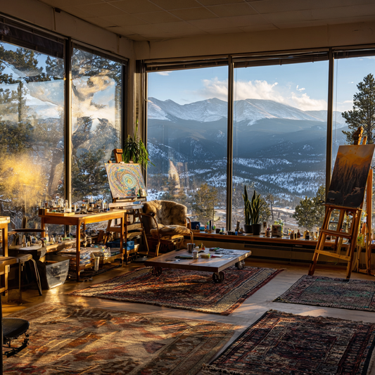 Living room with large windows offering a view of mountains, furniture, and decor.