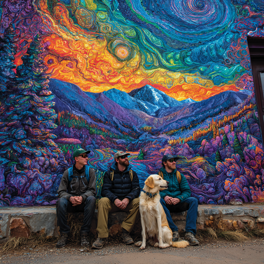 Three people and a dog sitting in front of a colorful mountain mural.